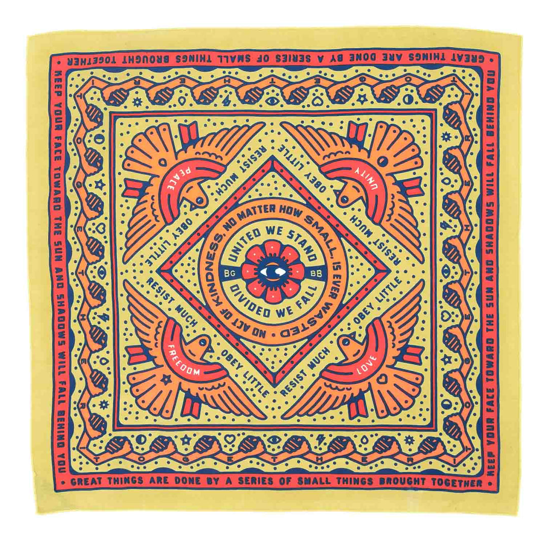 bandana depicting an eye enclosed by a circular crest, square border, and four birds, an additional square border, interlaced hands, and a final red square border in yellow, red, and orange with various texts centered around a theme of togetherness