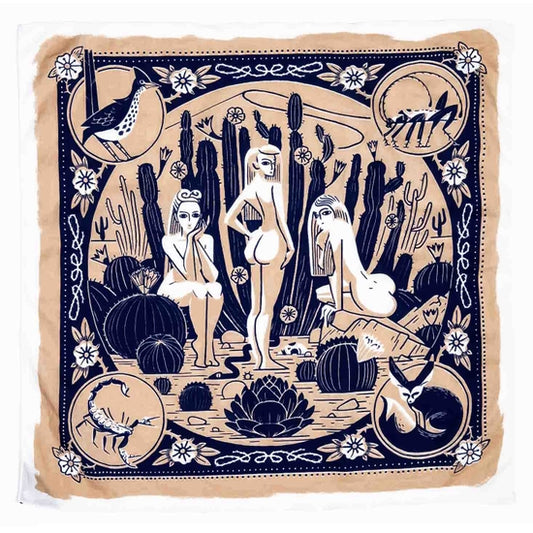 bandana design of three attractive naked women posing near cactuses in the desert with animals on each corner of the print 