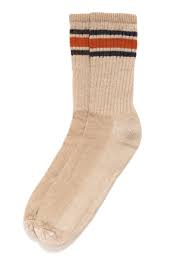 peach colored men's sock with orange and green stripes