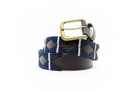 front coiled view of black belt with dark blue diamond patterns white stripes and a gold buckle