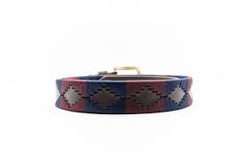coiled view from the back of black belt with dark blue and red diamond patterns stripes and a gold buckle