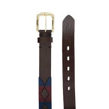 side by side view of black belt with dark blue and red diamond patterns stripes and a gold buckle