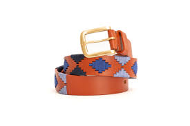 front view of tan, light blue, and navy blue and green western style belt with diamond patterns and gold buckle