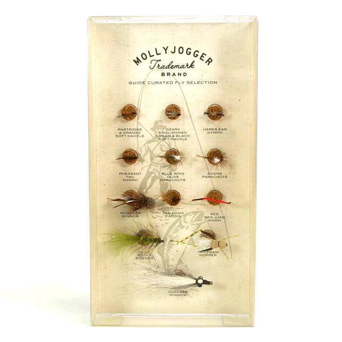 Ace Rivington Mollyjogger Guide-Curated Fly Fishing Selection in clear rectangular packaging, with the text 'CLUBBER MINNOW' visible at the bottom.